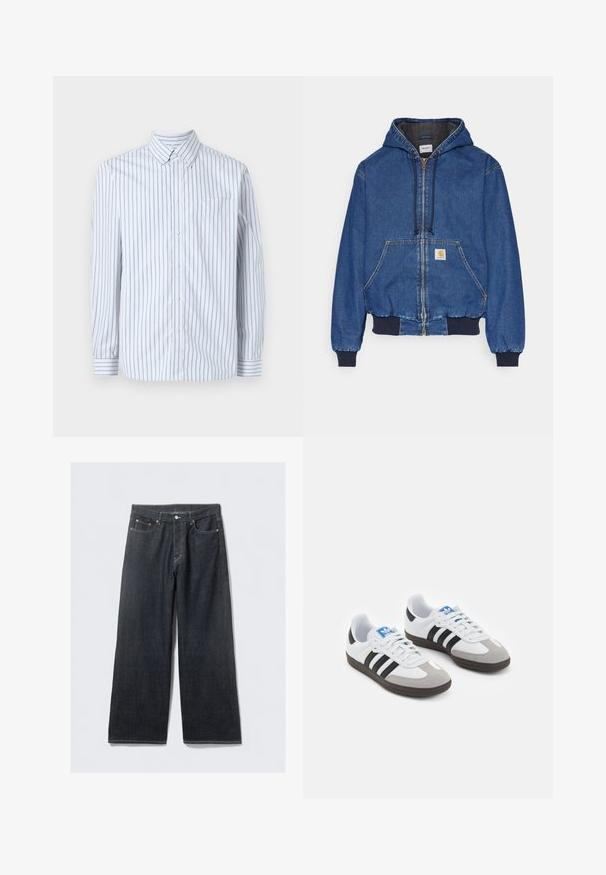 Carhartt WIP ACTIVE JACKET - Denimová bunda - blue stone washed; Košeľa s dlhým rukávom, button-up, z ľahkej modro-bielej prúžkovanej bavlny, so vreckom na prsiach a golierom s gombíkmi.; Biely bavlnený tričko s potlačou modrého auta a stromu v jemných farbách, umiestnené na prednej strane nad názvom značky.; Tmavé džínsy s širokými nohavicami a vysokým pásom, s medenými nitmi a kontrastným prešívaním, hladkou textúrou a bez viditeľných vzorov.; Športové topánky s bielym koženým zvrškom, šedou semišovou špičkou a tromi čiernymi pruhmi. Obsahujú modré logo na jazyku a štruktúrovanú gumovú podrážku.