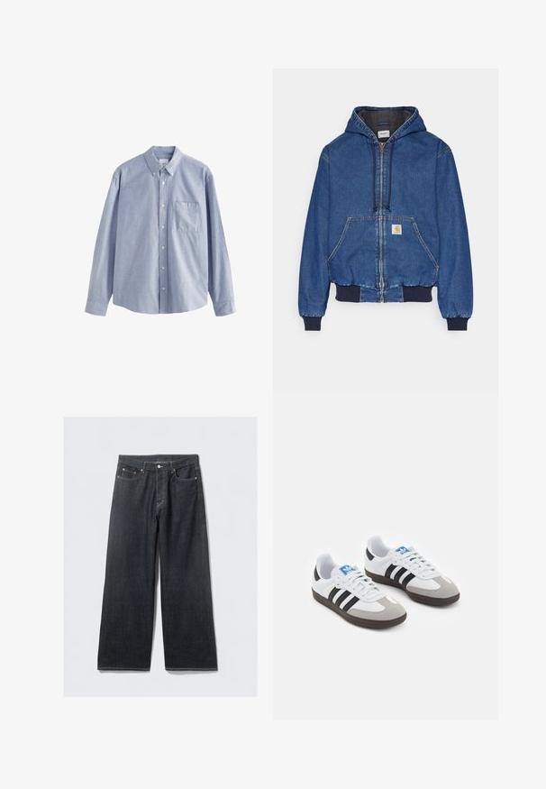 Carhartt WIP ACTIVE JACKET - Spijkerjas - blue stone washed; Lichtblauw overhemd met lange mouwen, gemaakt van katoen, met een button-down kraag, zes knopen en een borstzak met een zachte textuur.; Donkerdenim wijd uitlopende jeans met een hoge taille, voorzien van koperkleurige klinknagels en contraststiksels, een gladde textuur en geen zichtbare patronen.; Sportschoenen met een witte leren bovenkant, grijze suède neus en drie zwarte strepen. Bevat een blauw logo op de tong en een gestructureerde rubberen zool.