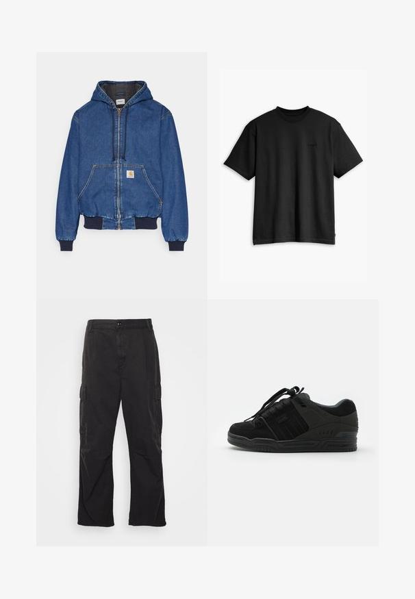 Carhartt WIP ACTIVE JACKET - Denim jacket - blue stone washed; Black cotton t-shirt with a crew neck and short sleeves. Features a subtle front logo and a straight hemline. Simple and minimalistic design.; Black cargo pants with a straight-leg design, featuring two side pockets, a button closure, and a textured fabric.; Black sneaker with suede and textile upper, featuring textured accents, a padded collar, laces, and a rubber outsole with a logo detail.
