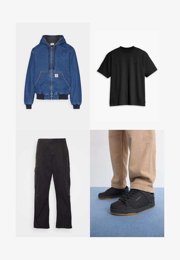 Carhartt WIP - Kurtka jeansowa; Czarna bawełniana koszulka z okrągłym dekoltem i krótkimi rękawami. Posiada subtelne logo z przodu oraz prostą linię hemu. Prosty i minimalistyczny design.; Czarne spodnie cargo z prostym krojem nogawki, z dwoma bocznymi kieszeniami, zapięciem na guzik i teksturowanym materiałem.; Czarne buty do skateboardingu z teksturowaną syntetyczną cholewką, amortyzowaną podeszwą, szarymi sznurówkami i gumową podeszwą. Noszone z jasnobeżowymi spodniami.