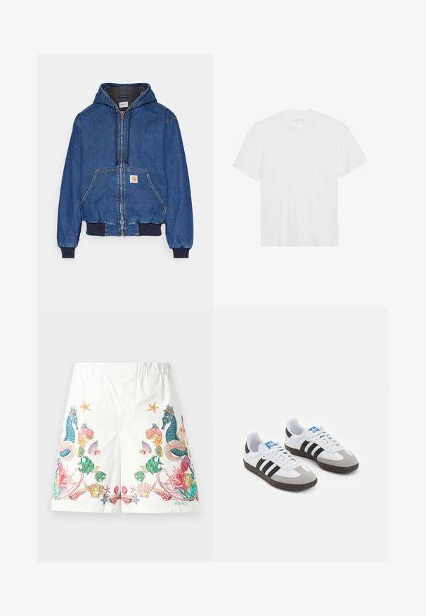 Carhartt WIP ACTIVE JACKET - Veste en jean - blue stone washed; T-shirt en coton blanc à manches courtes, col rond et ourlet droit. Texture lisse, design minimaliste sans motifs ni accents.; Shorts blancs en tissu ornés de graphiques colorés sur le thème de l'océan, comprenant des hippocampes, des coquillages et des étoiles de mer, avec une taille élastique à cordon de serrage.; Baskets avec une tige en cuir blanc, un bout en daim gris et trois bandes noires. Présente un logo bleu sur la languette et une semelle en caoutchouc texturée.