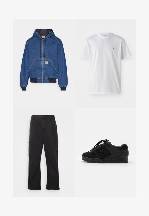 Carhartt WIP ACTIVE JACKET - Jeansjacke - blue stone washed; Weißes Baumwoll-T-Shirt mit kurzen Ärmeln, Rundhalsausschnitt, mit einem kleinen goldenen Logo im linken Brustbereich. Weicher Stoff und normale Passform.; Schwarze Cargo-Hose mit geradem Bein, ausgestattet mit zwei Seitentaschen, einem Knopfverschluss und einem strukturierten Stoff.; Schwarzer Sneaker mit Obermaterial aus Wildleder und Textil, ausgestattet mit strukturierten Akzenten, einem gepolsterten Kragen, Schnürsenkeln und einer Gummisohle mit Logodetail.