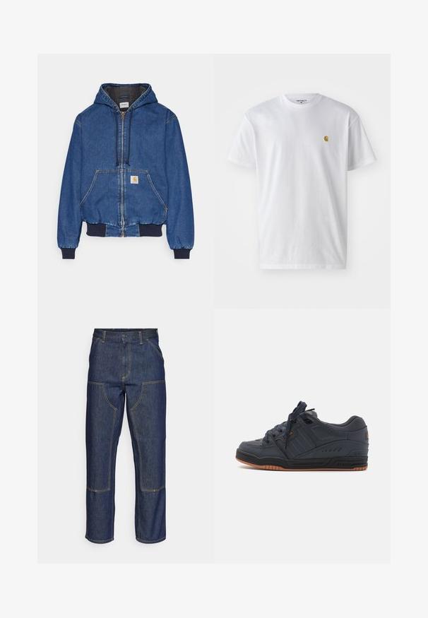 Carhartt WIP ACTIVE JACKET - Denimová bunda - blue stone washed; Biele bavlnené tričko s krátkymi rukávmi, okrúhlym výstrihom, s malým zlatým logom na ľavej strane hrude. Mäkká textúra a normálny strih.; Tmavomodré denimové džínsy s vysokým pásom, rovného strihu, kontrastným prešívaním a vreckami na prednej strane.; Globe FUSION - Skatová obuv - phantom/burnt orange