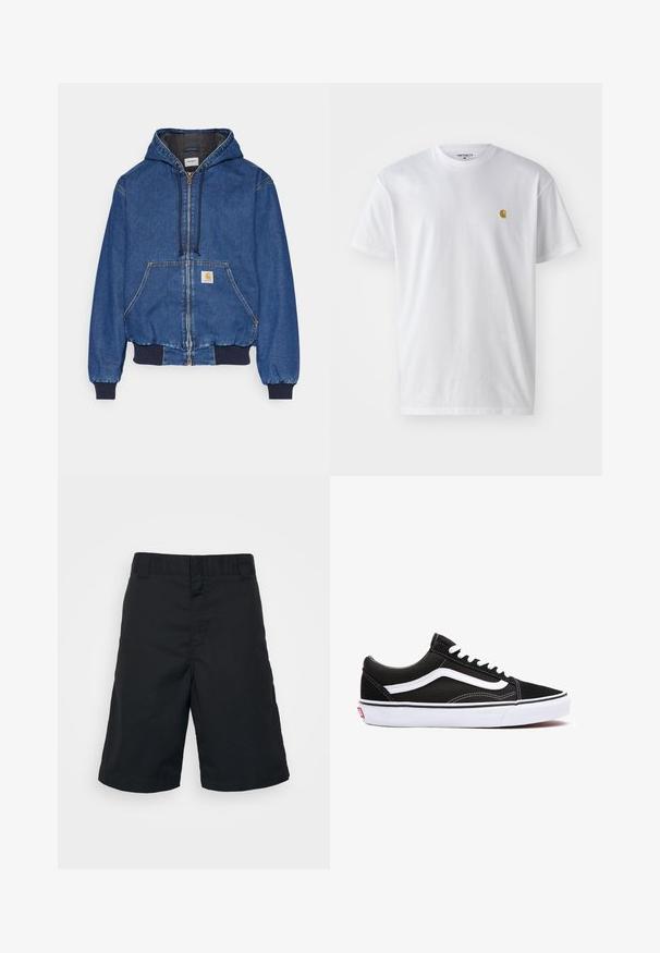 Carhartt WIP ACTIVE JACKET - Jeansjacke - blue stone washed; Weißes Baumwoll-T-Shirt mit kurzen Ärmeln, Rundhalsausschnitt, mit einem kleinen goldenen Logo im linken Brustbereich. Weicher Stoff und normale Passform.; Schwarze Shorts aus gewebtem Stoff, mit geradem Schnitt, standardmäßiger Taille und ohne Muster oder sichtbare Hardware.; Schwarze Leinensneaker mit weißen Akzenten, runder Zehenpartie, Schnürdesign und Gummisohle. Seitliches Logo und Nähdetails sichtbar.
