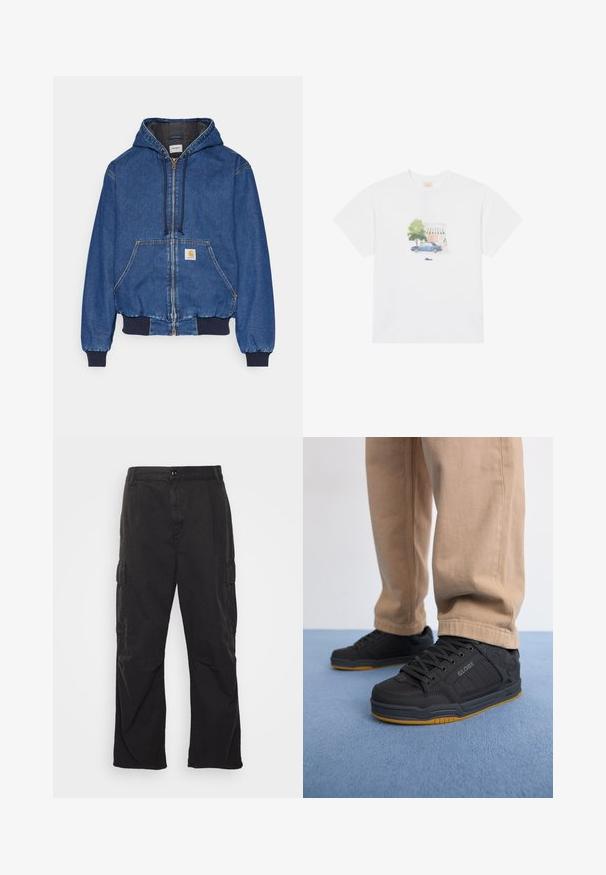 Carhartt WIP ACTIVE JACKET - Denim jacket - blue stone washed; White cotton t-shirt featuring a printed design of a blue car and a tree in soft colors, centered on the front above the brand name.; Black cargo pants with a straight-leg design, featuring two side pockets, a button closure, and a textured fabric.; Black skate shoes with textured synthetic upper, cushioned sole, grey laces, and gum rubber outsole. Worn with light beige pants.