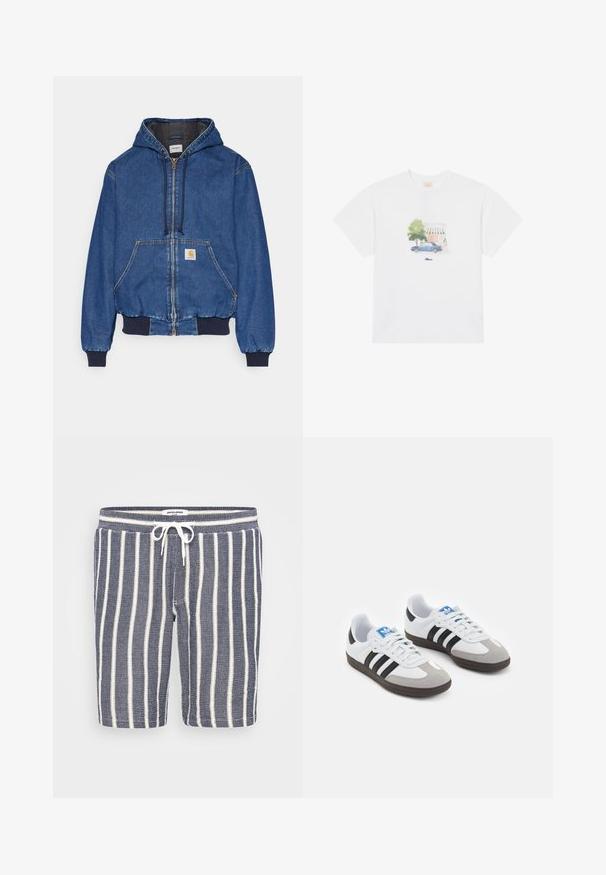 Carhartt WIP ACTIVE JACKET - Giacca di jeans - blue stone washed; Maglietta bianca in cotone con una stampa di una macchina blu e un albero in colori tenui, centrata sul davanti sopra il nome del marchio.; Pantaloni corti a righe blu e bianche realizzati in tessuto testurizzato, dotati di una vita elastica con coulisse. La lunghezza arriva a metà coscia.; Scarpe sportive con tomaia in pelle bianca, punta in suede grigia e tre strisce nere. Presentano un logo blu sulla linguetta e una suola in gomma testurizzata.