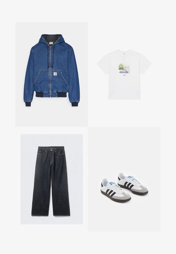 Carhartt WIP ACTIVE JACKET - Teksajakk - blue stone washed; Valge puuvillane T-särk, mille esiküljel on pehmeid värve kasutav trükk kujutisega sinisest autost ja puust, asetsemas keskel brändinime kohal.; Tumedate teksad laia säärega ja kõrge vöökoht, millel on vasktooni nupukesed ja kontrastne õmblemine, sile tekstuur ja nähtamatud mustrid.; Spordijalatsid valge nahkpealsega, halli nubuk-naha otsaga ja kolme musta triibuga. Omab sinist logo keele peal ja struktureeritud kummitalda.