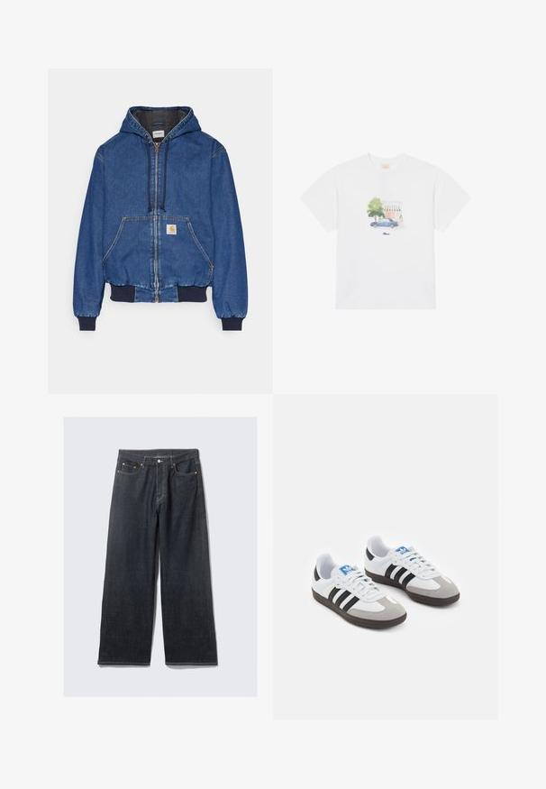 Carhartt WIP ACTIVE JACKET - Džínová bunda - blue stone washed; Bílý bavlněný tričko s potiskem modrého auta a stromu v jemných barvách, umístěné na přední straně nad názvem značky.; Tmavě modré široké džíny s vysokým pasem, s kontrastním oranžovým prošíváním, pěti kapsami a předním zapínáním na knoflík.; Sportovní boty s bílým koženým svrškem, šedou semišovou špičkou a třemi černými pruhy. Obsahují modré logo na jazyku a texturovanou gumovou podrážku.