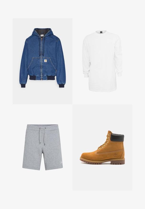 Carhartt WIP ACTIVE JACKET - Cowboyjakker - blue stone washed; Langærmet hvid bomulds t-shirt med rund halsudskæring, løs pasform og ribbede manchetter. Enkel design, ingen grafik eller mønstre.; Grå bomuldsshorts med elastisk talje og justerbar snor. Har sidelommer og et lille logo på venstre forben.; Tan nubuck ankelstøvle med sort polstret krave, gyldne metaløjer, hvid syning detaljer og robust gummisål med udtalte slidbaner.