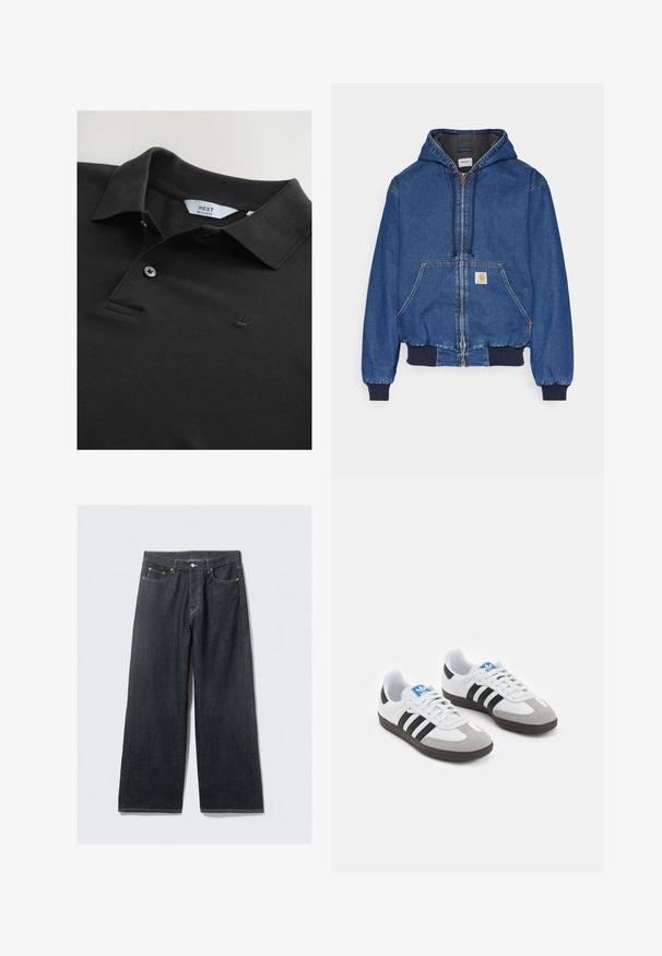 Carhartt WIP ACTIVE JACKET - Denimová bunda - blue stone washed; Čierne polo tričko vyrobené z textúrovanej látky s golierom, dvoma gombíkmi a malou vyšívanou korunkou na hrudi. Štandardný strih.; Tmavé džínsy s širokými nohavicami a vysokým pásom, s medenými nitmi a kontrastným prešívaním, hladkou textúrou a bez viditeľných vzorov.; Športové topánky s bielym koženým zvrškom, šedou semišovou špičkou a tromi čiernymi pruhmi. Obsahujú modré logo na jazyku a štruktúrovanú gumovú podrážku.