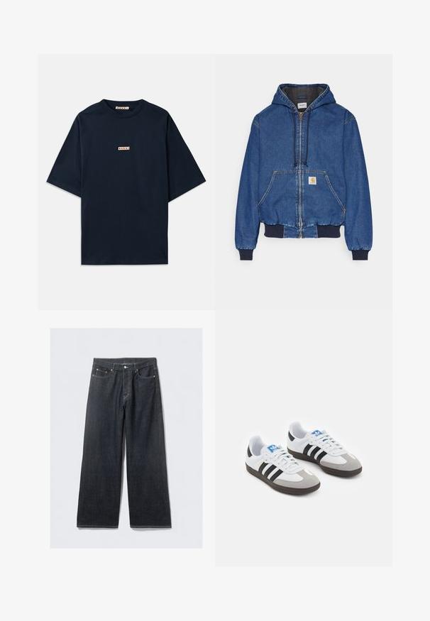 Carhartt WIP ACTIVE JACKET - Farmerdzseki - blue stone washed; Sötétkék pamut póló, rövid ujjakkal, kerek nyakkivágással és egy kis piros-fehér logóval a mellkasán.; Sötét farmer széles szárú nadrág magas derékkal, réz színű szegecsekkel és kontrasztos varrással, sima tapintású, minta nélküli.; Fehér bőr felsőrészes sportcipő, szürke velúrból készült orral és három fekete csíkkal. Jellemzője a kék logó a nyelvén és egy texturált gumitalp.