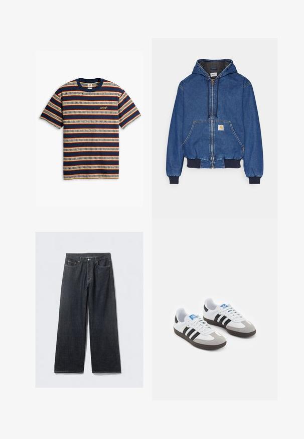 Carhartt WIP ACTIVE JACKET - Jachetă din denim - blue stone washed; Tricou cu mânecă scurtă, în dungi, de culoare bleumarin, crem și roșu; are un model geometric, guler rotund și un logo galben brodat pe piept.; Blugi largi din denim închis, cu talie înaltă, care prezintă nituri de nuanță cupru și cusături în contrast, textură netedă și fără modele vizibile.; Încălțăminte sport cu un superior din piele albă, vârf din suede gri și trei dungi negre. Prezintă un logo albastru pe limbă și o talpă din cauciuc texturat.