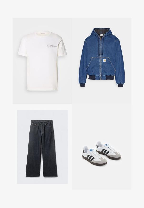 Carhartt WIP ACTIVE JACKET - Denim jacket - blue stone washed; White cotton t-shirt with a crew neck, short sleeves, and a printed logo. Features minimalist design and relaxed fit.; Weekday ASTRO UNISEX - Baggy Jeans - blue rinse; Sport shoes with a white leather upper, gray suede toe, and three black stripes. Features a blue logo on the tongue and a textured rubber sole.