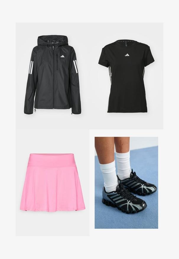 Jaqueta leve preta com capuz, apresentando um fecho com zíper completo e duas linhas brancas em cada manga. Textura suave, projetada para uso ao ar livre.; T-shirt atlético preto com mangas curtas, feito de material sintético. Apresenta um pequeno logótipo branco no peito e riscas brancas nas laterais.; Saia atlética rosa com uma ampla cintura elástica, feita de tecido texturizado, apresentando um formato evasê e bainhas suaves.; Ténis atléticos pretos com detalhes cinzentos e painéis em malha, apresentando uma sola texturizada e atacadores pretos, combinados com meias brancas com nervuras.
