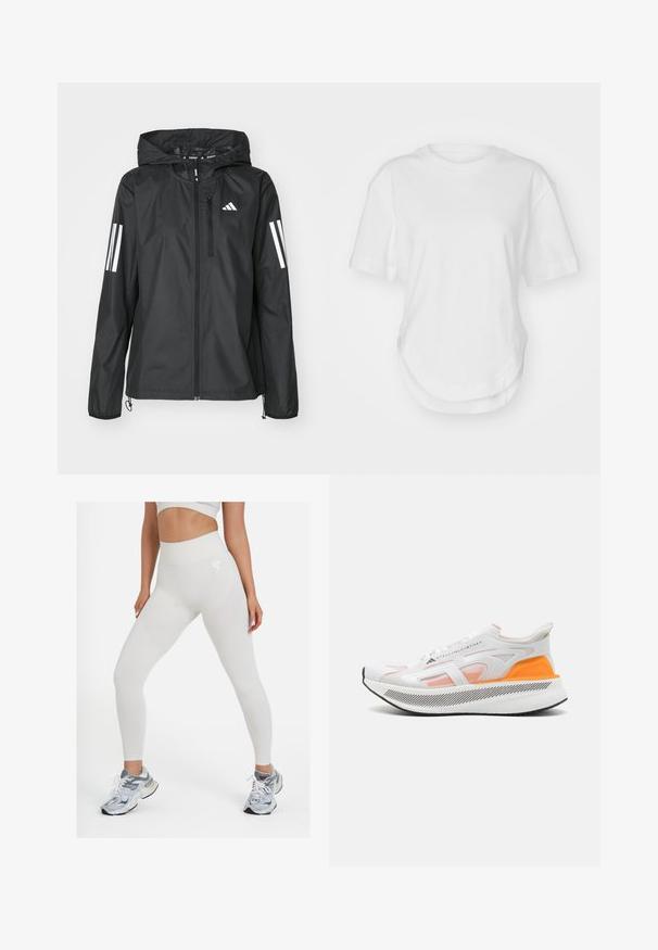 Chaqueta ligera negra con capucha, que cuenta con un cierre completo y dos rayas blancas en cada manga. Textura suave, diseñada para uso al aire libre.; Camiseta de algodón blanca con cuello redondo, mangas cortas y dobladillo curvado. Textura suave sin patrones ni acentos.; Leggings blancos de cintura alta con paneles texturizados, un acabado suave y un acento de logo en la cadera, combinados con zapatillas deportivas grises.; Zapatilla deportiva blanca con un acento naranja, parte superior de malla, suela texturizada y un detalle de logo audaz. Presenta un diseño moderno y aerodinámico.