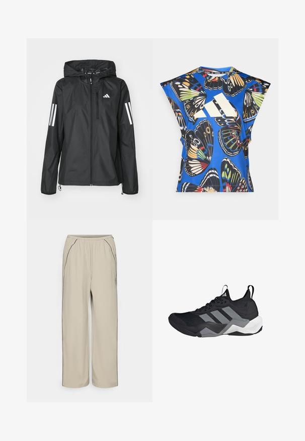 Melna viegla jaka ar kapuci, ar pilnu rāvējslēdzēju un divām baltām svītrām uz katras piedurknes. Gluda tekstūra, paredzēta āra lietošanai.; Zils īsām piedurknēm krekls ar dzīvīgu tauriņu drukājumu dažādās krāsās, ar lielu baltu logo priekšpusē un apaļu kakla izgriezumu.; Beige, viegli bikses ar elastīgu jostu, sānu kabatām un kontrastējošām melnas krāsas šuvēm. Tiesas garuma dizains, gluda tekstūra.; Melnas sporta kurpes ar elpojošu acu audumu, pelēkiem akcentiem, teksturētu zoli un trim izteiksmīgām svītrām sānos.