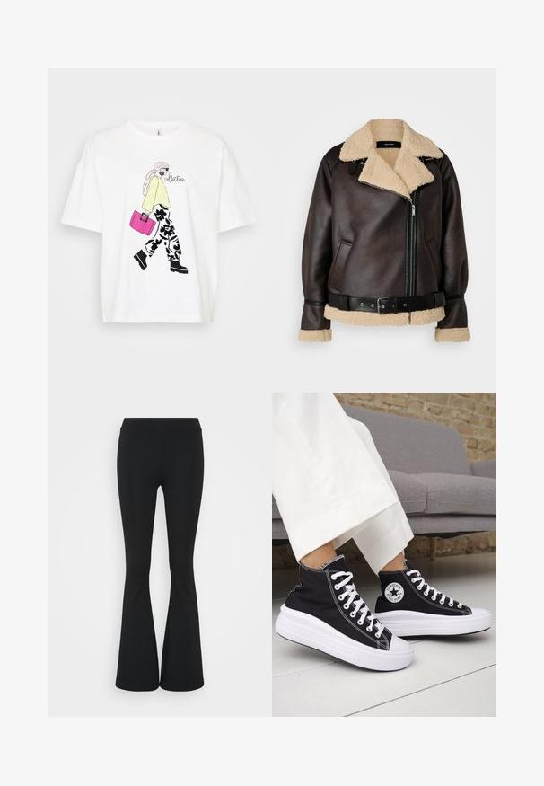 Vero Moda Tall VMJOANNA JACKET - Jachetă din imitație de piele - chocolate torte/silver mink; Tricou alb cu un grafic care prezintă o figură îmbrăcată într-un pulover galben și pantaloni florali, purtând o geantă roz. Accentele negre adaugă detalii.; Pantaloni negrii evazați dintr-un material elastic, având un talie înaltă și o textură netedă. Pantalonii se lărgesc de la genunchi.; Adidași negri înalți cu tălpi și șireturi albe din cauciuc. Prezintă o pată logo rotundă și cusături albe contrastante. Material din pânză.