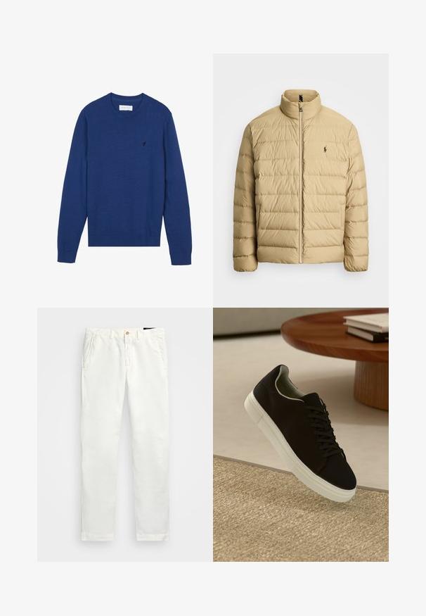 Beige pufferjack met een hoge kraag, gestikt ontwerp, ritssluiting aan de voorkant en een klein logo op de linkerborst. Lichtgewicht materiaal.; Donkerblauwe gebreide trui met een ronde halslijn, lange mouwen en ribgebreide manchetten. Voorzien van een klein geborduurd logo op de borst.; Witte katoenen chinos met een rechte pijpdesign, voorzien van zijzakken, een enkele knoopsluiting en een gladde textuur.; Zwarte sneaker met witte zool die boven een beige gestructureerd tapijt zweeft, nabij een ronde houten tafel met gestapelde boeken.