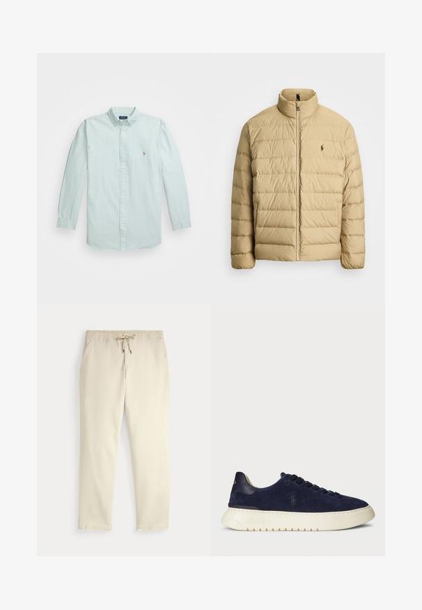 Beige puffer jacket with a high collar, quilted design, front zipper closure, and a small logo on the left chest. Lightweight material.; Light blue and white vertically striped button-down shirt with long sleeves and a small logo embroidered on the chest.; Off-white casual pants with elastic waistband and drawstring, straight legs, and side pockets against a plain background.; Navy suede low-top sneaker with a textured surface, rubber sole, and tonal laces, featuring a small logo on the side and heel.