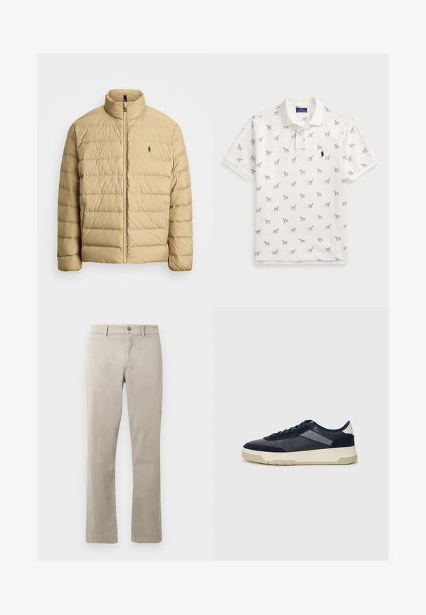 Veste matelassée beige avec un col haut, un design capitonné, une fermeture zippée à l'avant et un petit logo sur la poitrine gauche. Matériau léger.; Polo blanc en coton, avec un motif répété de chiens bleus et un petit logo bleu sur la poitrine. Manches courtes et col.; Chinos en coton beige avec une coupe droite, dotés d'une fermeture boutonnée et de poches avant. Texture lisse avec des détails de couture subtils.; BOSS BALTIMORE - Baskets basses - open blue