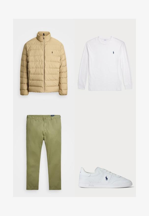 Béžová péřová bunda s vysokým límcem, prošívaným designem, předním zipem a malým logem na levé hrudi. Lehký materiál.; Bílé tričko s dlouhým rukávem vyrobené z bavlny. Má kulatý výstřih, žebrované manžety a malé námořnické modré logo polo na levé hrudi.; Olivově zelené bavlněné chino kalhoty se střihovým střihem, zipem a jedním předním knoflíkem. Světlá textura a jednoduchý design.; Bílé kožené tenisky s hladkým povrchem, s vázáním na tkaničky, námořnickým logem na boku a odolnou gumovou podešví.