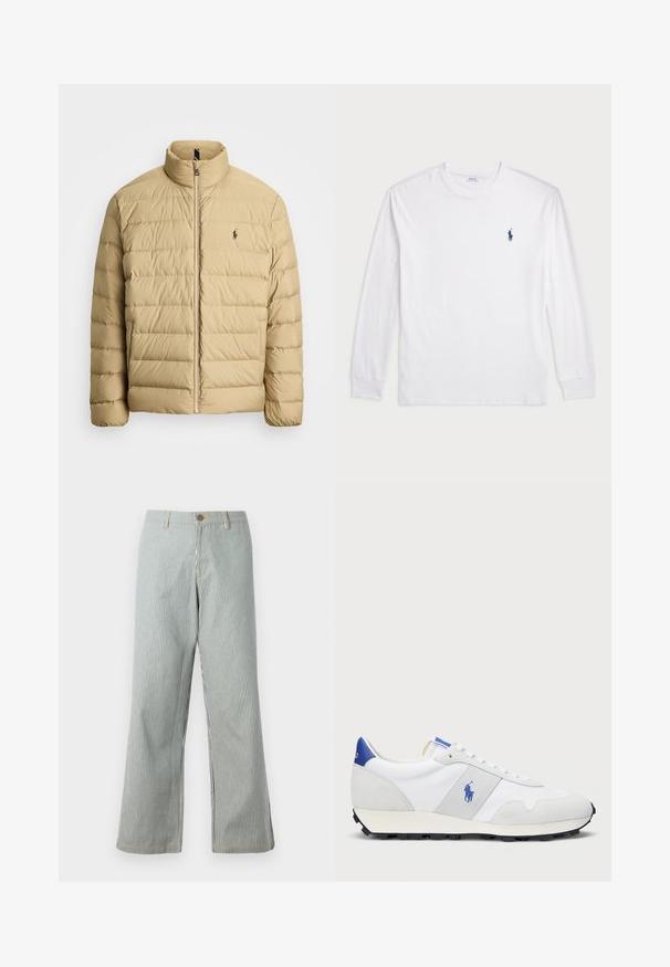 Beige puffer-takki korkealla kauluksella, tikkikuviointi, etuvetoketjusuljenta ja pieni logo vasemmassa rinnassa. Kevyt materiaali.; Valkoinen pitkähihainen T-paita, joka on valmistettu puuvillasta. Ominaisuuksiin kuuluu pyöreä kaula-aukko, ribbireunat ja pieni tummansininen polo-logo vasemmassa rinnassa.; Raidalliset leveälahkeiset housut sinivalkoisina, joissa on nappikiinnitys, vyölenkit, näkyvät ompeleet ja rento istuvuus.; Valkoiset urheilukengät, joissa on harmaat mokkaakset, verkko-yläosa, sininen kantapään värinappi ja musta kumipohja. Varustettu nauhakiristimellä ja logolla.