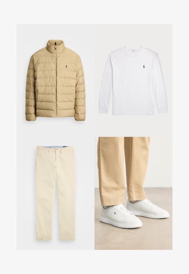 Beżowa kurtka puchowa z wysokim kołnierzem, pikowanym wzorem, zamkiem błyskawicznym z przodu oraz małym logo na lewej piersi. Lekki materiał.; Biały t-shirt z długim rękawem wykonany z bawełny. Posiada okrągły dekolt, ściągacze przy mankietach oraz małe granatowe logo polo na lewej piersi.; Polo Ralph Lauren - Spodnie materiałowe; Białe skórzane sneakersy o gładkim wykończeniu, z okrągłym noskiem, sznurowanym designem i subtelnym logo po boku, w połączeniu z beżowymi spodniami.