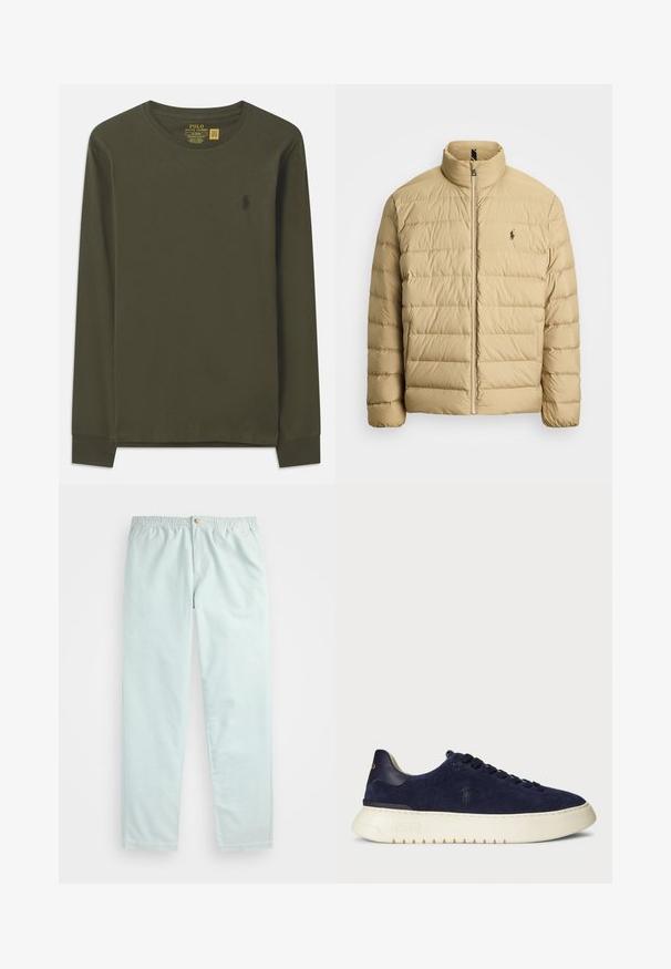 Casaco puffer bege com gola alta, design acolchoado, fecho frontal em zíper e um pequeno logo no lado esquerdo do peito. Material leve.; Camisola de algodão de manga comprida, verde-oliva, com decote redondo e um pequeno logótipo escuro no lado esquerdo do peito. Textura suave, design justo.; Calças azul claro, de corte descontraído, com um cós elástico, apresentando bolsos laterais e um fecho de botão único na frente.; Sapatilha baixa em camurça azul-marinho com uma superfície texturizada, sola de borracha e atacadores tonais, apresentando um pequeno logótipo de lado e no calcanhar.