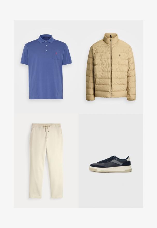 Beige puffertöltött dzseki magas gallérral, steppelt kialakítással, elülső cipzárral és egy kis logóval a bal mellkasán. Könnyű anyag.; Polo Ralph Lauren Big & Tall SHORT SLEEVE - Pólóing - light navy; Krém színű, laza nadrág, rugalmas derékrésszel és húzózsinórral, egyenes szárakkal és oldalsó zsebekkel, egyszínű háttér előtt.; BOSS BALTIMORE - Sportcipő - open blue