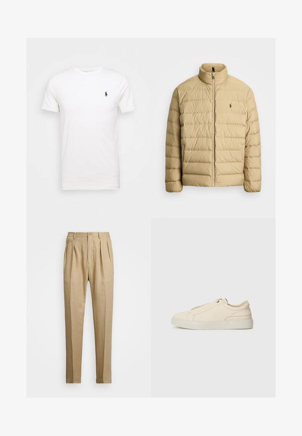 Casaco puffer bege com gola alta, design acolchoado, fecho frontal em zíper e um pequeno logo no lado esquerdo do peito. Material leve.; Camiseta de algodão branca com decote redondo. Apresenta um pequeno logótipo azul escuro no lado esquerdo do peito. Mangas curtas, textura suave.; Calças de linho bege com corte reto, apresentando dois plissados frontais, fecho com botão e bolsos laterais. Tecido texturizado com um acabamento suave.; Sneakers de pele bege com biqueira arredondada, design minimalista, detalhes de costura subtis e parte superior texturizada, em sola clara.
