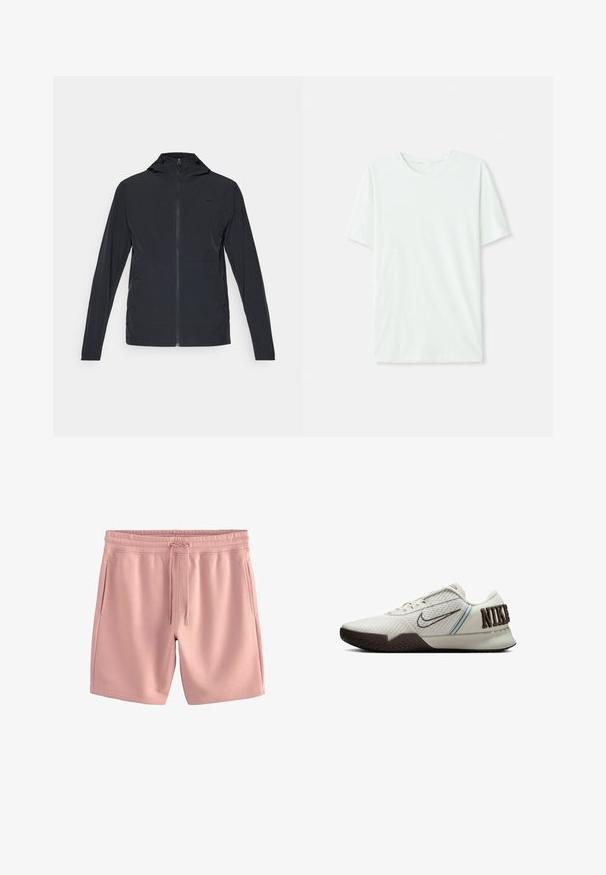 Veste noire zippée avec capuche, dotée de manches longues et d'un tissu lisse et léger ; comprend un petit logo sur la poitrine.; T-shirt à manches courtes vert menthe clair en tissu doux. Dispose d'un col rond et d'une coupe simple et droite sans embellissements.; Shorts rose clair en tissu doux, avec une taille élastique et un cordon de serrage réglable. Comprend deux poches latérales et une coupe décontractée.; Baskets Nike avec une tige texturée gris clair, une semelle extérieure marron foncé, une bande d'accent bleu et un logo marron bien visible à l'arrière.