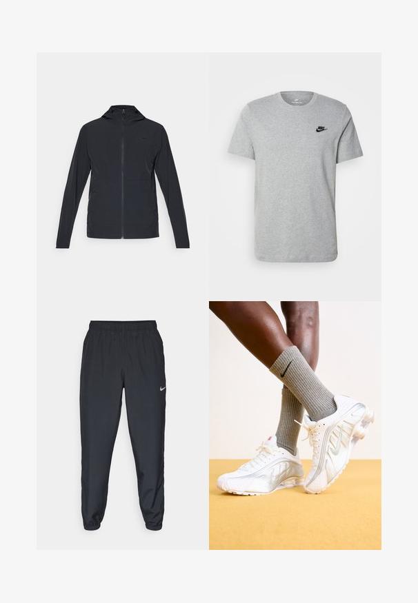 Casaco preto com fecho zip e capuz, apresentando mangas longas e um tecido liso e leve; inclui um pequeno logotipo no peito.; T-shirt cinza de manga curta em algodão, com um logo preto da Nike no peito e um decote redondo. Design minimalista sem padrões.; Calças de treino pretas feitas de um tecido leve, com um cós elástico, punhos nos tornozelos e um discreto logótipo da Nike no lado esquerdo.; Ténis Nike brancos com detalhes em prata, apresentando painéis texturizados e perfurações. Combinados com meias cinzas com nervuras, numa fundo amarelo.