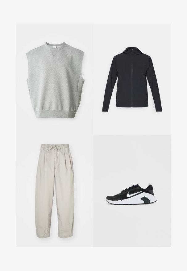 Svart hettejakke med glidelås, med lange ermer og et glatt, lett stoff; inkluderer en liten logo på brystet.; Grå ermeløs hettegenser med rund hals, myk tekstur og sidedetaljer med glidelås. Har et lite Nike-logo på øvre venstre side.; Beige, lette bukser med elastisk midje og snor. Har folder og løs passform, laget av myk og glatt stoff.; Svart- og hvit Nike joggesko med hvit swoosh-logo, snøring, og polstret såle, vist fra siden på en enkel bakgrunn.