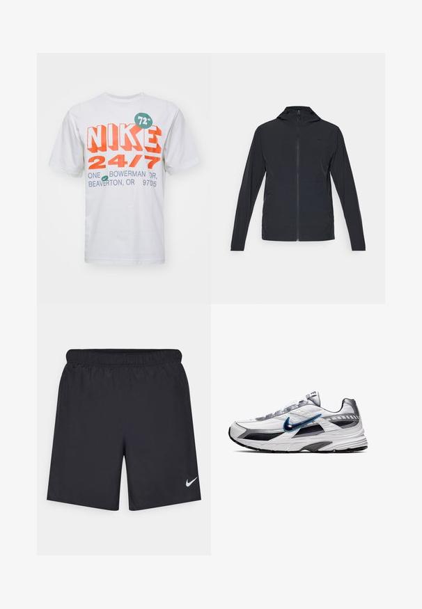 Chaqueta negra con cremallera y capucha, con mangas largas y un tejido suave y ligero; incluye un pequeño logo en el pecho.; Nike Performance HYVERS - Camiseta deportiva - sail; Pantalones cortos deportivos negros hechos de un material ligero con una cintura elástica. Presenta un pequeño logo blanco de Nike en la parte inferior izquierda.; Zapatilla de running de Nike con parte superior de malla blanca, detalles en navy y plata, superposiciones texturizadas y una suela gris acolchada.