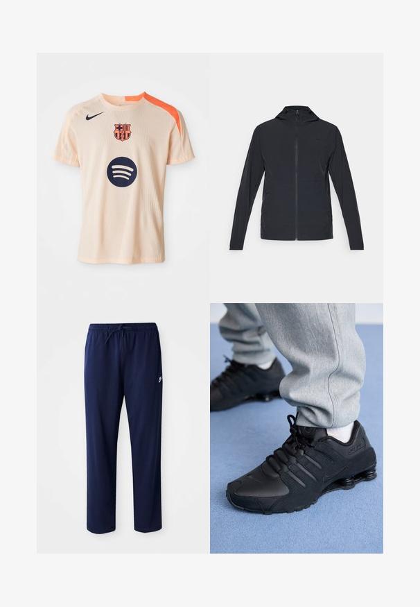 Svart hettejakke med glidelås, med lange ermer og et glatt, lett stoff; inkluderer en liten logo på brystet.; Lys fersken FC Barcelona fotballdrakt med oransje skulderstripe, marineblå Nike-logo, lagmerke og Spotify-sponsorlogo foran.; Marineblå, lette joggebukser laget av bomullsblanding. Har en justerbar midje med snor og en liten logo på venstre side.; Person som har på seg svarte Nike Shox-sko og grå joggebukser og står på lyseblått teppe.