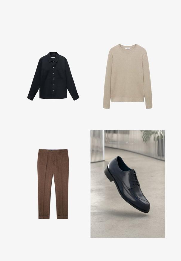 Donkerblauwe, lange mouwen shirt van gestructureerde stof met een knoopsluiting aan de voorkant, rechte kraag en twee borstzakken.; Beige ribbeltrui met lange mouwen, ronde hals en een afgesneden zoom. De stof lijkt zacht met een textuurpatroon.; Bruine op maat gemaakte broek met een subtiele textuur, plooien, een knoopsluiting en manchetten aan de pijpen. Geschikt voor formele of semi-formele gelegenheden.; Glanzende zwarte leren schoenen met veters, zwevend boven een glad, lichtgrijze vloer en verticale metalen stangen op de achtergrond.