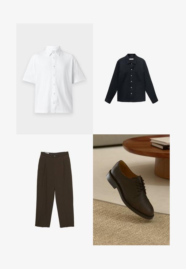 Tummansininen, pitkähihainen paita, joka on valmistettu teksturoidusta kankaasta. Paidassa on nappilista edessä, suora kaulus ja kaksi rintataskua.; Valkoinen lyhythihainen nappipaita, joka on valmistettu tekstuurisesta kankaasta, klassisella kauluksella ja viivakuviolla. Edessä kuusi nappia.; Tummanruskeat muotoonommellut housut, joissa on etupleikkaukset, vyölenkit ja nappikiinnitys vyötäröllä.; Ruskeahalli nahkakengät, joissa on teksturoitu päällinen, nauhakuviointi, kontrastivärinen ommel ja kestävä kumipohja, leijuu kudotun maton yllä.