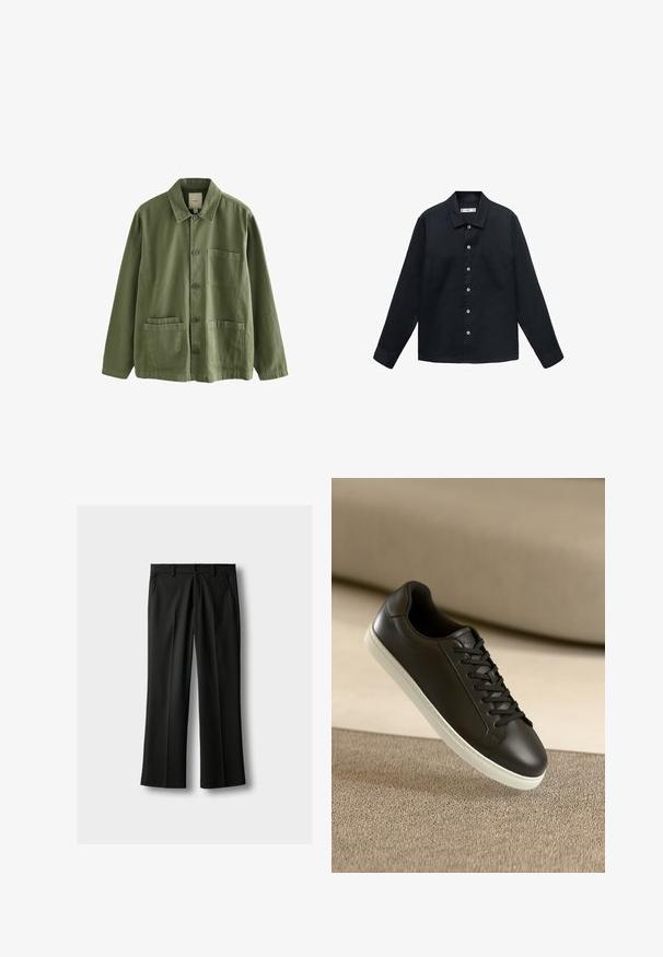 Mörkblå, långärmad skjorta i texturerat tyg med knappfront, rak krage och två bröstfickor.; Olivgrön jacka i bomull med knäppning framtill, spetsig krage och fyra fickor. Har en avslappnad passform och mjuk textur.; Svarta raka kostymbyxor med framfickor, sidofickor, bälteshällor och knappstängning vid midjan.; Svarta lädersneakers med vit gummisula och svarta snörningar, placerade mot en beige tygyta och bakgrund.