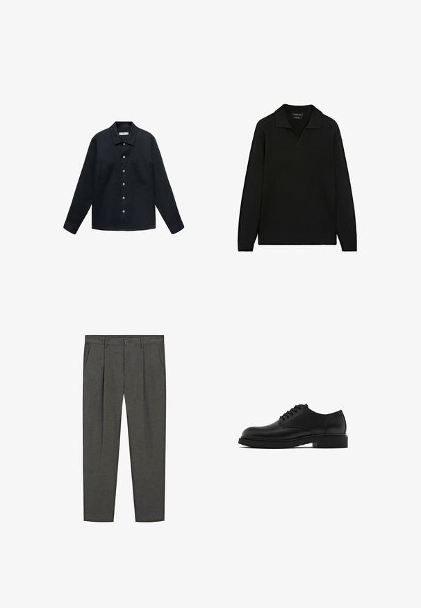 Granatowa, długoszeregowa koszula z teksturowanej tkaniny, z zapięciem na guziki, prostym kołnierzykiem i dwoma kieszeniami na piersi.; Czarny sweter z dzianiny z płaskim kołnierzykiem i dekoltem w kształcie litery V. Posiada długie rękawy oraz ściągacze przy mankietach i dolnej krawędzi. Teksturowana tkanina o gładkim wyglądzie.; Szare spodnie z dopasowanym krojem, w paski, z plisowanym przodem, kieszeniami bocznymi oraz zapięciem na guzik. Wykonane z tkaniny tkanej, o gładkiej fakturze.; Czarne skórzane buty wizytowe z teksturowanym wykończeniem, okrągłym noskiem, pięcioma otworami na sznurówki oraz solidną czarną podeszwą. Prosty, klasyczny styl.