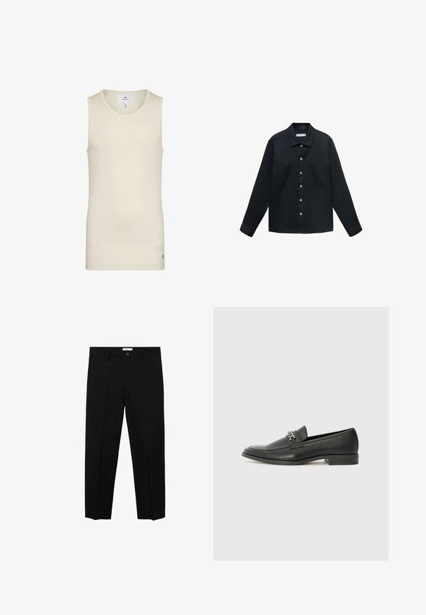 Dark blue, long-sleeve shirt made of textured fabric with a button-down front, straight collar, and two chest pockets.; Light beige sleeveless top made of ribbed fabric with a round neckline and a small label at the hem. Simple and fitted design.; Black tailored trousers with a straight cut, featuring a single button closure, belt loops, and front pleats. Made from a smooth fabric.; Black leather loafer with a smooth finish, featuring a stitched design and a decorative metal chain accent across the vamp. Flat heel.