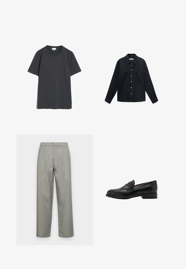 Camicia lunga a maniche di colore blu scuro, realizzata in un tessuto testurizzato, con chiusura a bottoni, colletto a punta e due tasche sul petto.; ARMEDANGELS MAARKUS SOLID - T-shirt basic - graphite; Pantaloni grigi su misura realizzati in tessuto testurizzato, con un design a gamba dritta, pieghe frontali e una vita standard con passanti per cintura.; Mocassini in pelle nera con punta cucita e tacco piatto. Texture liscia con punta arrotondata e una fascia decorativa sopra il collo del piede.