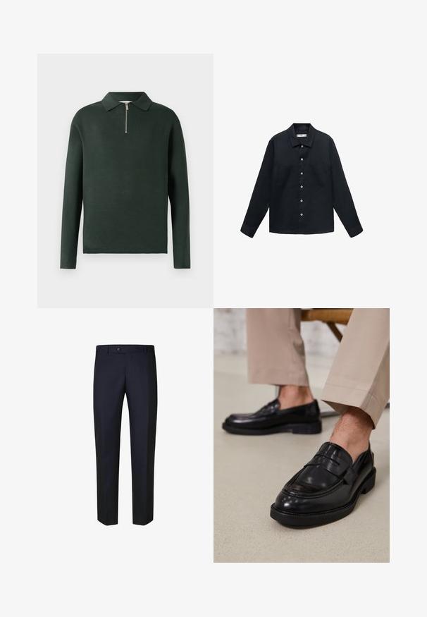 Temno modra, dolg rokav, majica iz teksturirane tkanine z gumbi spredaj, ravnim ovratnikom in dvema žepoma na prsih.; Temno zelena dolga majica s polo ovratnikom in pol-zadrgo spredaj. Narejena je iz mehke tkanine z gladko teksturo.; Mornarske hlače s ravnim krojem, s gumbom za zapiranje in gladkim, teksturiranim materialom brez vzorcev ali okrasnih detajlov.; Črne usnjene loafer čevlje z gladko površino, ki imajo okrasno zaponko in kontrastno šivanje, v kombinaciji s bež hlačami.