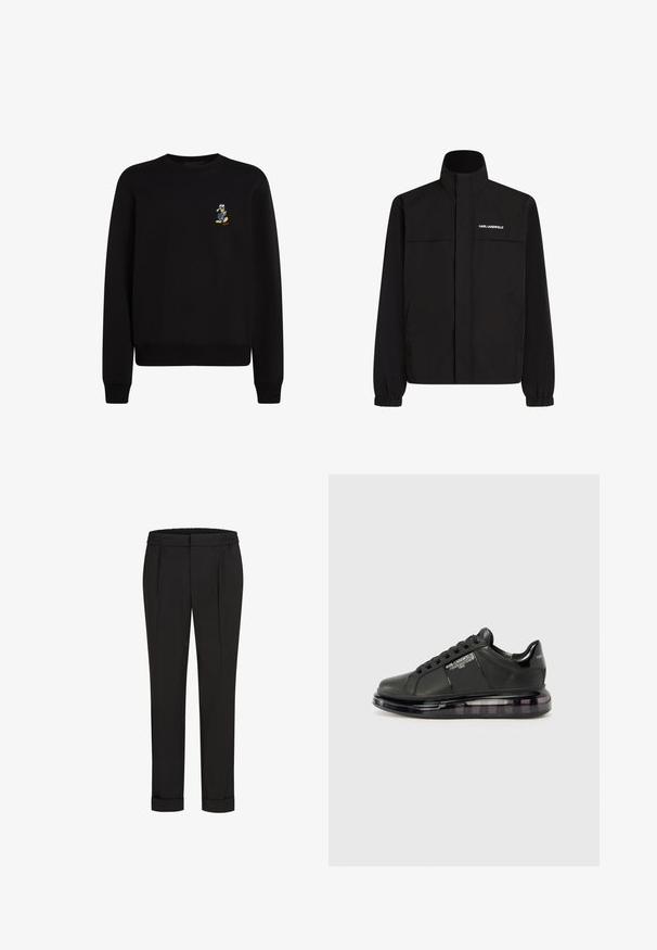 Chaqueta negra con cuello alto, puños elásticos y dos bolsillos frontales. Presenta un logo en el lado superior izquierdo en blanco. Tejido suave y resistente al agua.; Sudadera negra con cuello redondo, mangas largas, puños y dobladillo acanalados; presenta un pequeño personaje bordado en el lado izquierdo del pecho.; Pantalones negros con cintura elástica, con un diseño de pierna recta y dobladillos enrollados. Hechos de una tela suave y Woven sin patrones.; Zapatilla negra con parte superior de cuero liso, puntera redondeada y diseño con cordones. Presenta una suela clara y acolchada con un degradado oscuro.