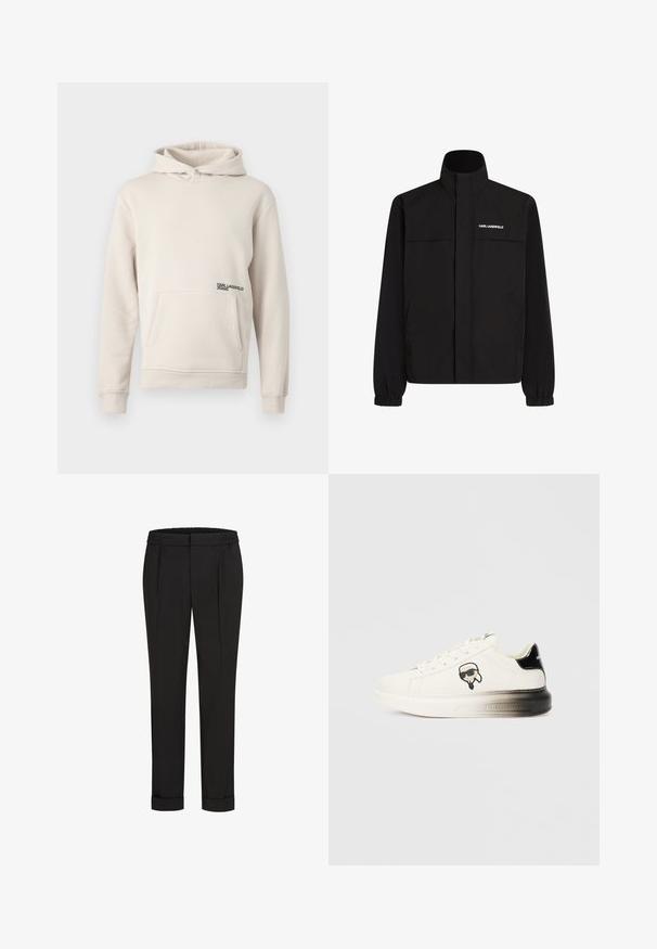 Črna jakna z visokim ovratnikom, elastičnimi rokavi in dvema sprednjima žepoma. Na zgornji levi strani je bel logotip. Gladka, vodoodporna tkanina.; Svetlo bež kapuča, izdelana iz mehke tkanine, z sprednjim žepom in majhnim črnim logotipom na spodnjem levem delu.; Črne hlače z elastičnim pasom, s pravimi nogavicami in zavihanimi manšetami. Narejene so iz gladkega, tkanega materiala brez vzorcev.; Bele teniske s gladkim usnjem, črnimi poudarki na peti in risanim logotipom. Imajo debel, rahlo prozoren podplat.