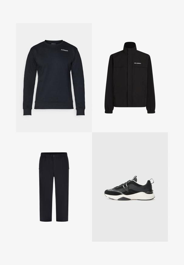 Mustan värvi jakk, millel on kõrge krae, elastsed mansetid ja kaks esikot. Ümber vasaku ülemise külje on valge logo. Sile, veekindel kangas.; Musthave musta pikaed välja kätise ja puusaga puuvillane dressipluus, millel vasakul ülaservas on väike valge Kappa logo, ribaga kätised ja puusarihm.; Must mustad, kerge kaaluga püksid elastse vöökoha ja küljetaskutega, sujuva tekstuuriga. Disainitud mugavuseks ja liikuvuseks.; Musthave musta toss, mis on valmistatud suede ja võrkmaterjalide segust, paksu valge tallaga ja peegeldavate aktsentidega. Läbilöögiga disain, millel on tõmblukk.