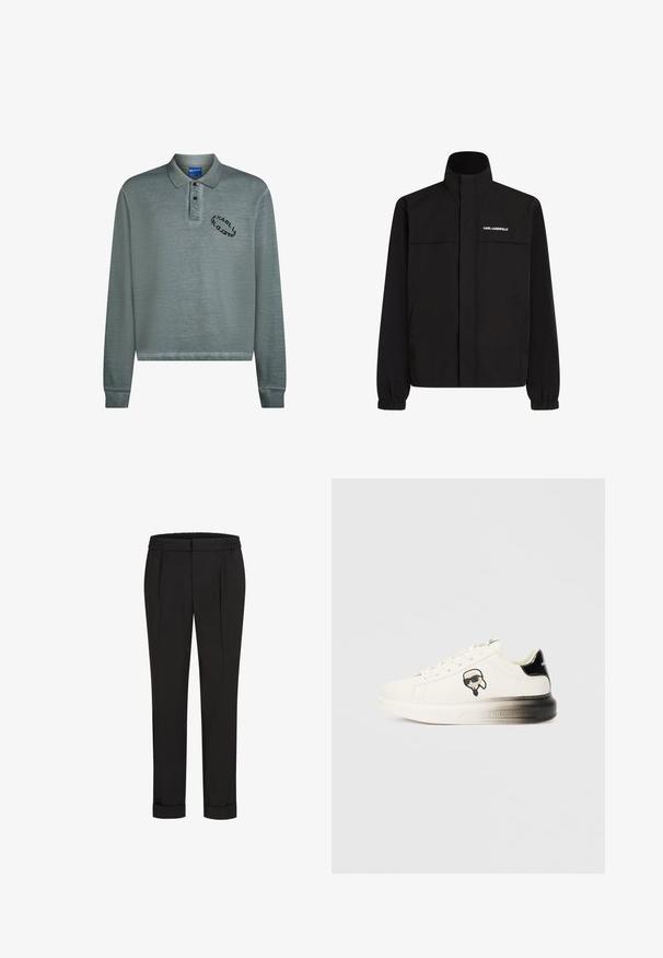 Čierna bunda s vysokým golierom, elastickými manžetami a dvoma prednými vreckami. Na hornej ľavej strane sa nachádza logo v bielej farbe. Hladká, vodeodolná tkanina.; Dlhý rukáv polo tričko v tlmenom teal odtieni, s rebrovaným golierom a manžetami. Čierna výšivka loga na hrudi. Mäkkučká, textúrovaná tkanina.; Čierne nohavice s elastickým pásom, s rovnými nohavicami a prehnutými manžetami. Vyrobené z hladkej tkaniny bez vzorov.; Biele tenisky s hladkým koženým zvrškom, čiernymi akcentmi na päte a karikatúrovým logom. Majú hrubú, mierne priehľadnú podrážku.
