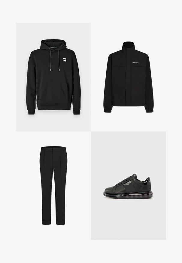 Jachetă neagră cu guler înalt, manșete elastice și două buzunare frontale. Prezintă un logo pe partea stângă sus, de culoare albă. Material neted, rezistent la apă.; Hanorac negru cu buzunar frontal, glugă cu șnur și detaliu logo pe pieptul stâng. Fabricat dintr-un material moale cu manșete și tiv ribbate.; Pantaloni negri cu talie elastică, având un design cu picioare drepte și manșete suflecate. Realizați dintr-un material neted, țesut, fără modele.; Adidași negri cu partea superioară din piele netedă, vârf rotund și design cu șireturi. Prezintă o talpă transparentă, căptușită, cu un gradient întunecat.