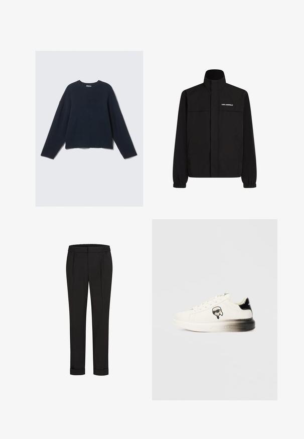 Black jacket with high collar, elastic cuffs, and two front pockets. Features logo on the upper left side in white. Smooth, water-resistant fabric.; Navy blue long-sleeve knit sweater with crew neck and slightly dropped shoulders on a plain light background.; Black trousers with an elastic waistband, featuring a straight-leg design and rolled cuffs. Made of smooth, woven fabric with no patterns.; White sneaker with a smooth leather upper, black accents on the heel, and a cartoon logo. Features a thick, slightly transparent sole.