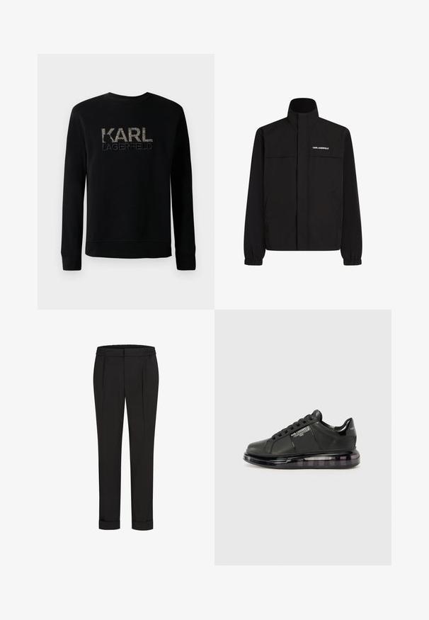 Fekete dzseki magas gallérral, elasztikus mandzsettákkal és két elülső zsebbel. Fehér logó található a bal felső oldalon. Simább, vízálló anyag.; Fekete, hosszúujjú pulóver, amelyen texturált "KARL LAGERFELD" logó van hímzve a mellrészén, egyszerű kerek nyakkivágással.; Fekete nadrág, elasztikus derékpánttal, egyenes szárú kivitelben és felhajtott szárakkal. Simább, szőtt anyagból készült, minták nélkül.; Fekete sportcipő sima bőr felsőrésszel, kerek orral és fűzős dizájnnal. Átlátszó, párnázott talppal rendelkezik, sötét árnyalatú átmenettel.