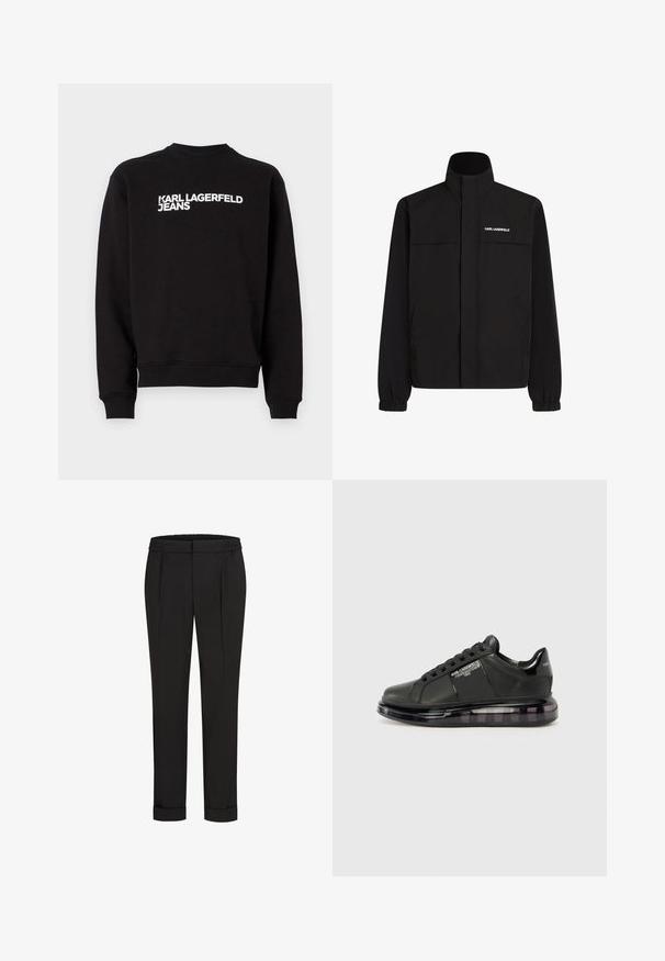 Juodas švarkas su aukštu apykakle, elastingais rankogaliais ir dviem priekinėmis kišenėmis. Viršutinėje kairėje pusėje yra baltas logotipas. Lygus, vandeniui atsparus audinys.; Juoda palaidinė su apvalia iškirpte ir įribiuotais rankogaliais. Priekyje yra baltas tekstas "KARL LAGERFELD JEANS". Minkšta medžiaga.; Juodi kelnių su elastinga juosmena, tiesaus kirpimo ir sukurtomis rankovėmis. Pagaminti iš lygaus, audinio be raštų.; Juodi sportiniai bateliai su lygiu odiniu apdailu, suapvalintu nosiu ir raištelių dizainu. Ypatybės apima skaidrų, paminkštintą pado su tamsiu gradientu.